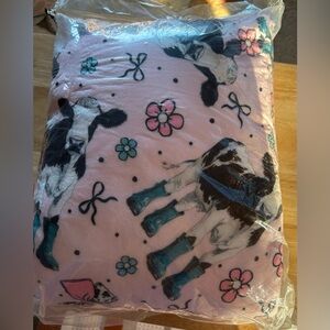 Pink Blanket with Cow and Flower Print